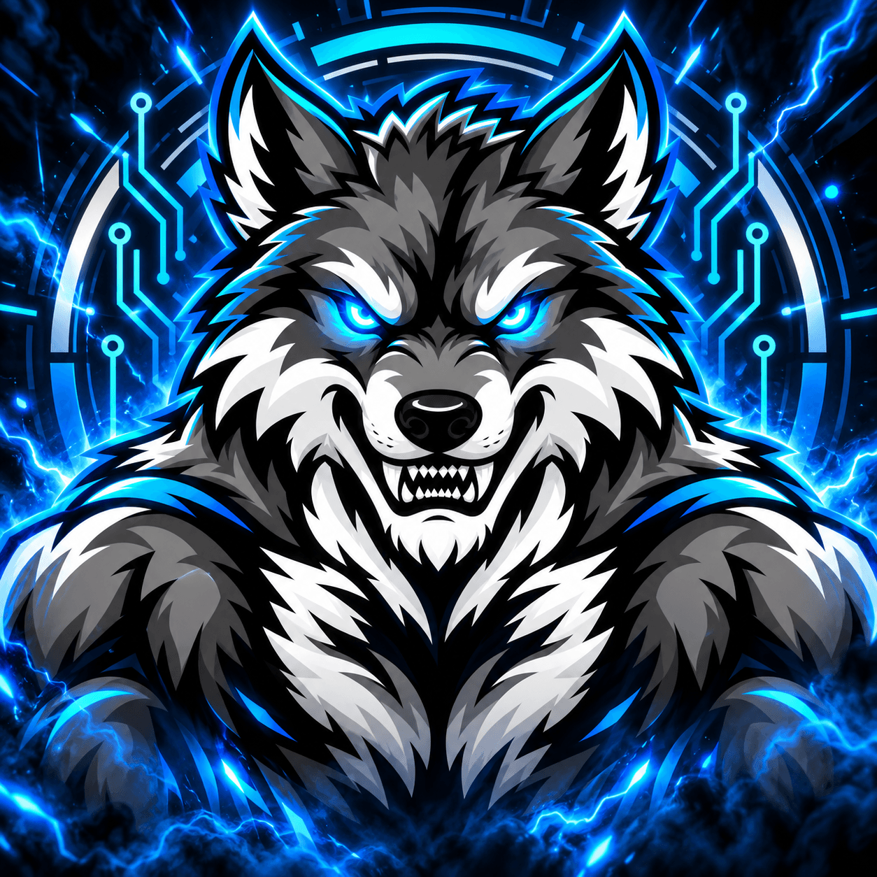 Mascote da FenrOS: lobo cinza de olhos azuis com circuitos e raios ao fundo