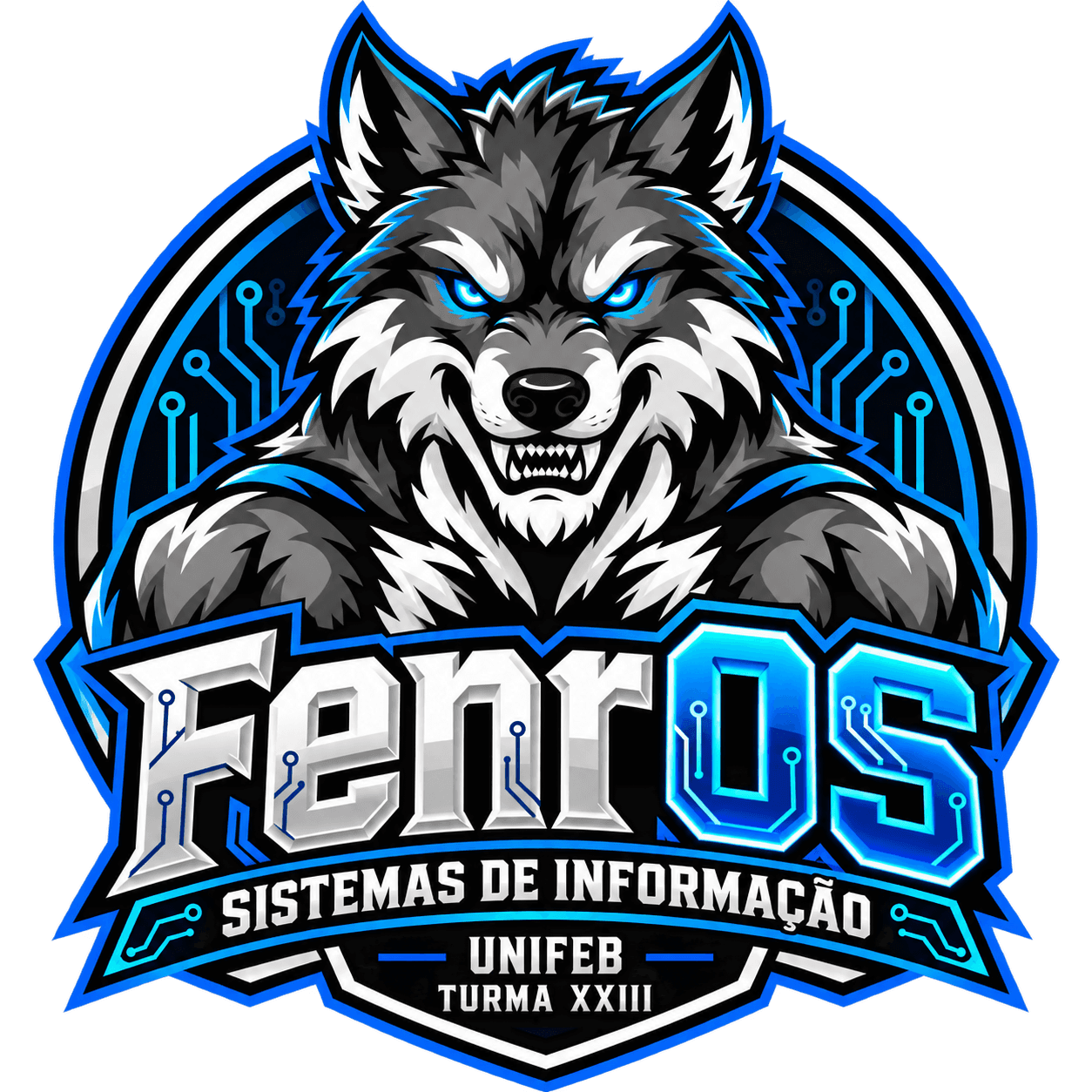 Emblema da FenrOS: lobo com olhos azuis sobre circuitos eletrônicos