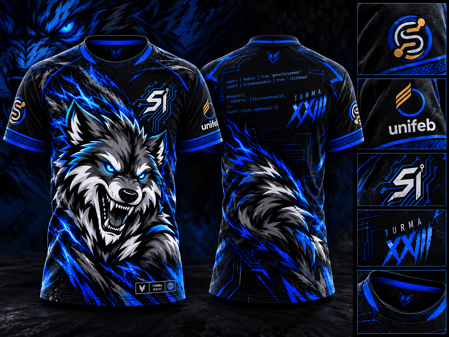 Camisa FenrOS preta e azul com lobo na frente e código nas costas